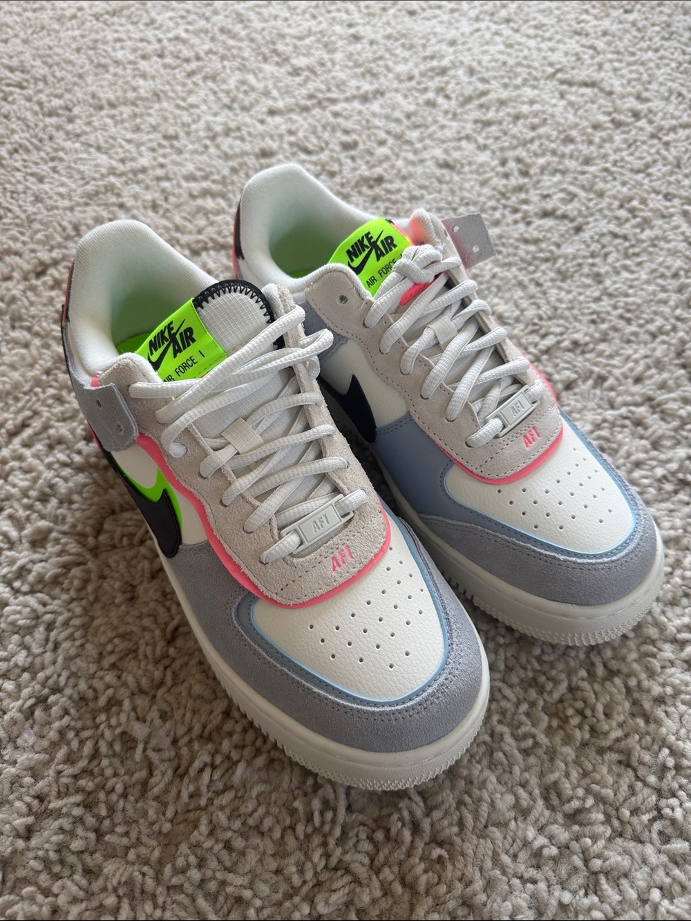 Nike Air Force 1 Shadow Low  White, Gray, Neon Green & Pink Women’s 9 new in box